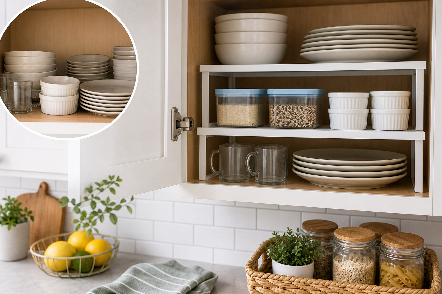1. Add Shelf Risers Inside Cabinets — small kitchen storage ideas on a budget