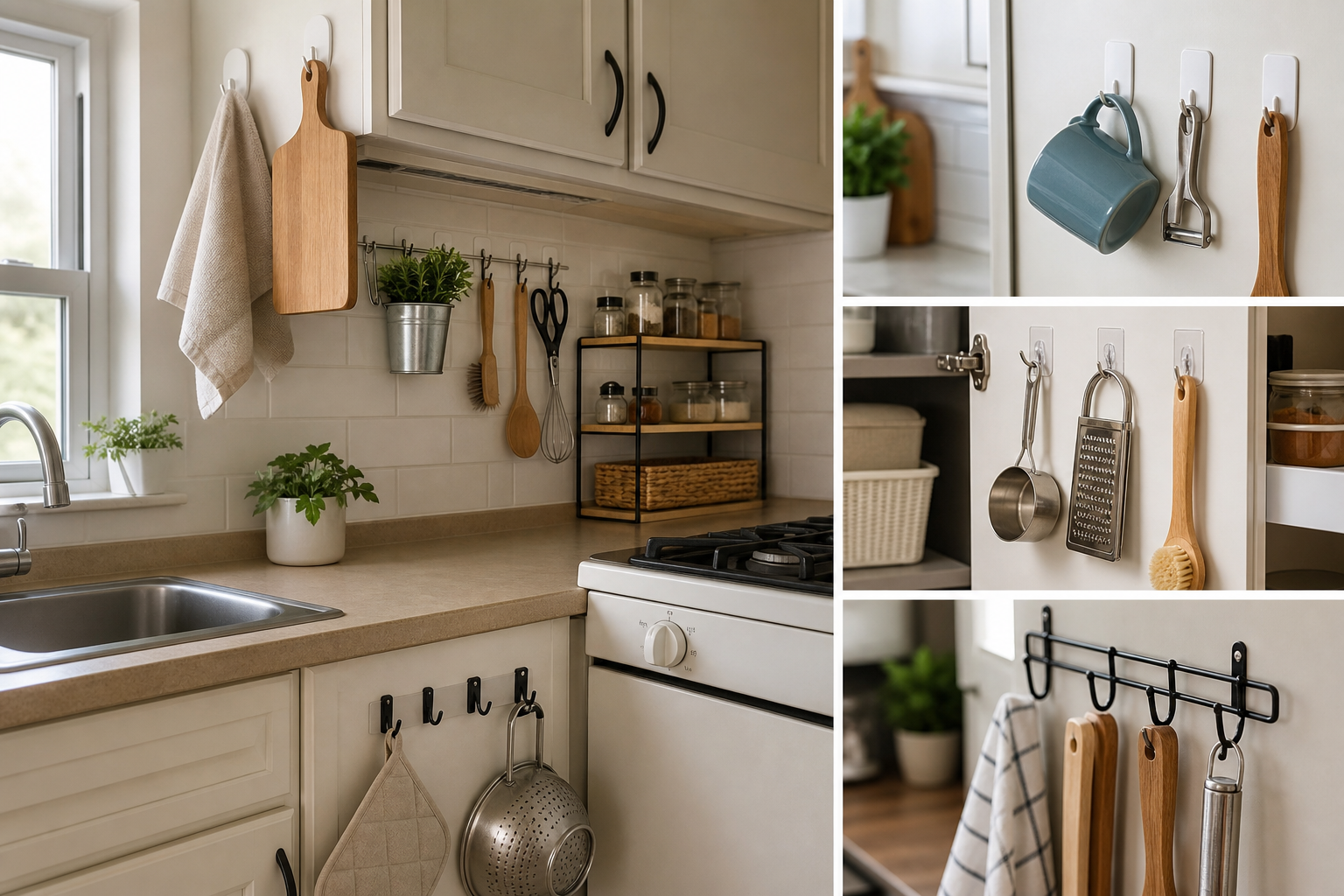 3. Install Hooks on Walls, Cabinet Sides, or Doors — small kitchen storage ideas on a budget