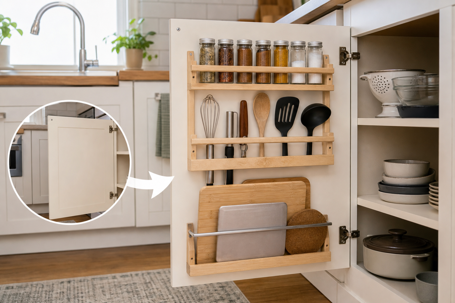 4. Turn the Inside of Cabinet Doors Into Storage — small kitchen storage ideas on a budget