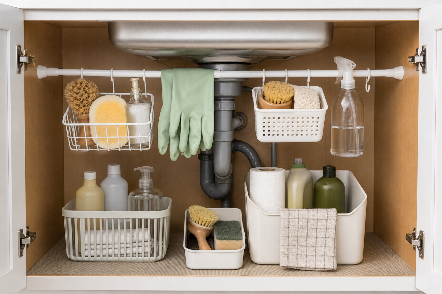 5. Use a Tension Rod Under the Sink — small kitchen storage ideas on a budget