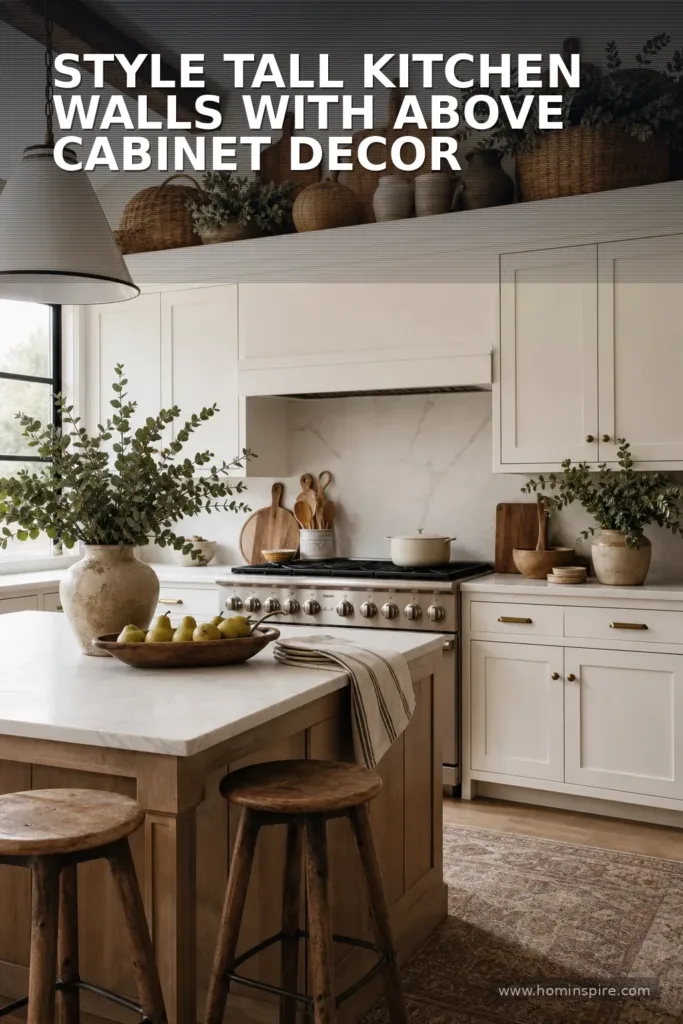 Style Tall Kitchen Walls with Above Cabinet Decor