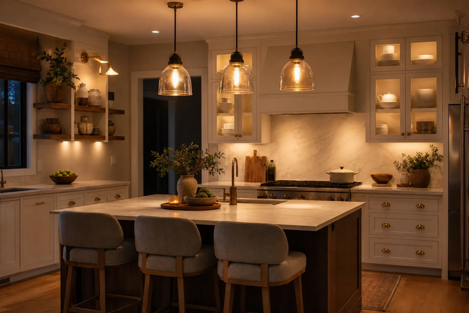 4. Hang Warm Pendant Lights Above an Island — Cozy Kitchen Lighting Ideas