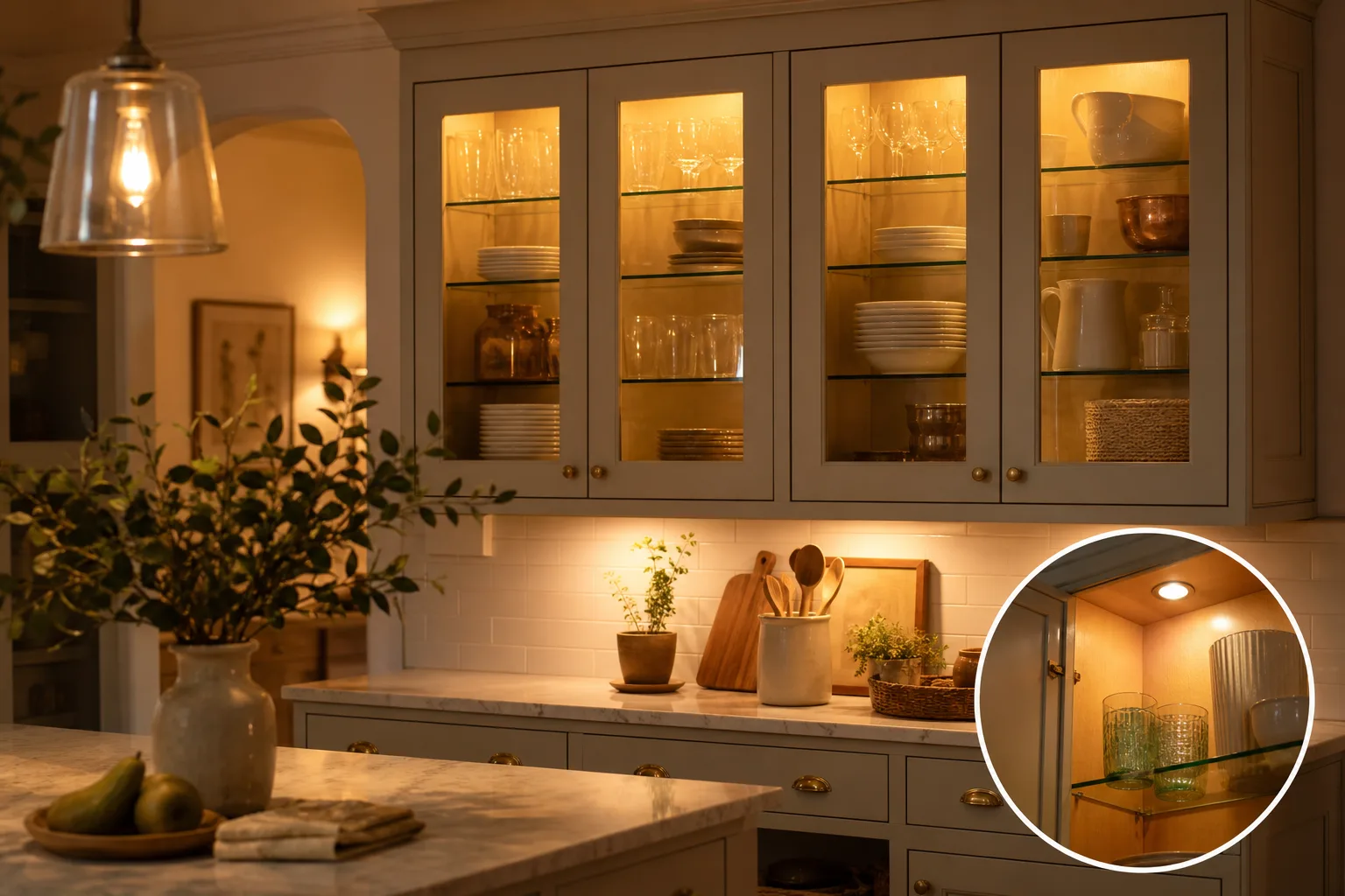 5. Add a Soft Glow Inside Glass-Front Cabinets — Cozy Kitchen Lighting Ideas