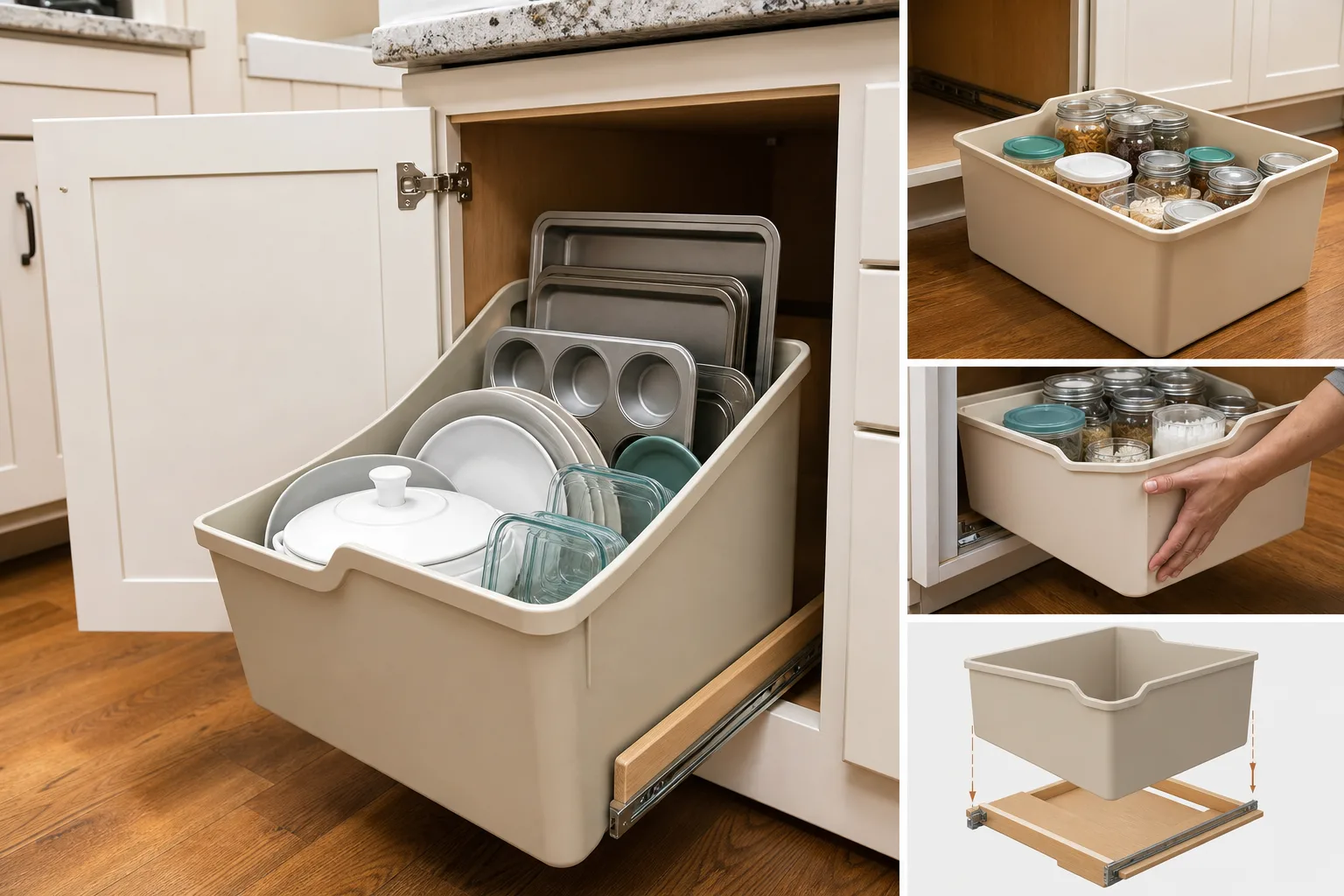 2. Use Deep Bins as Removable Drawers — Deep Kitchen Cabinet Organization Ideas