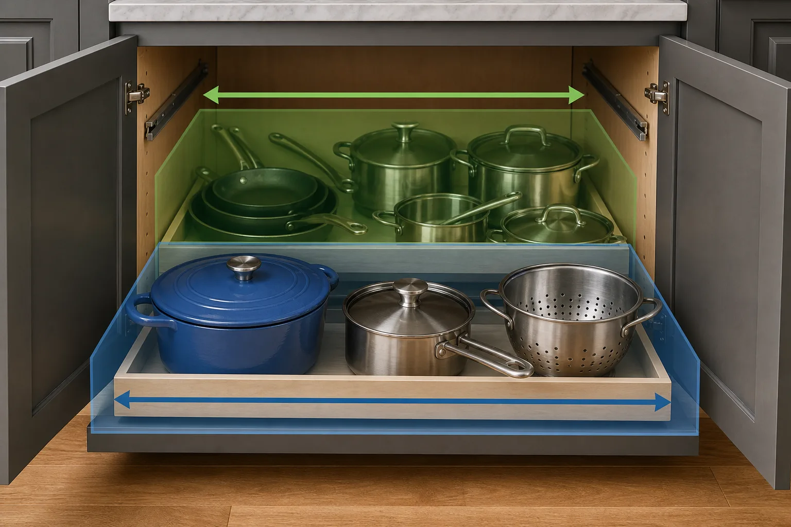 3. Create Front and Back Zones — Deep Kitchen Cabinet Organization Ideas