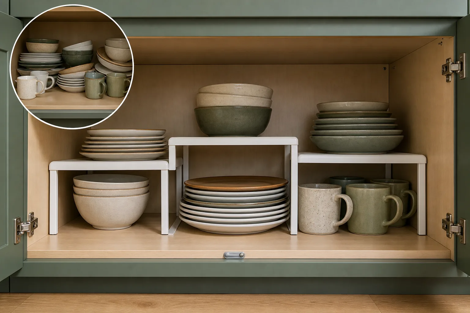 4. Add Shelf Risers for Plates, Bowls, and Mugs — Deep Kitchen Cabinet Organization Ideas