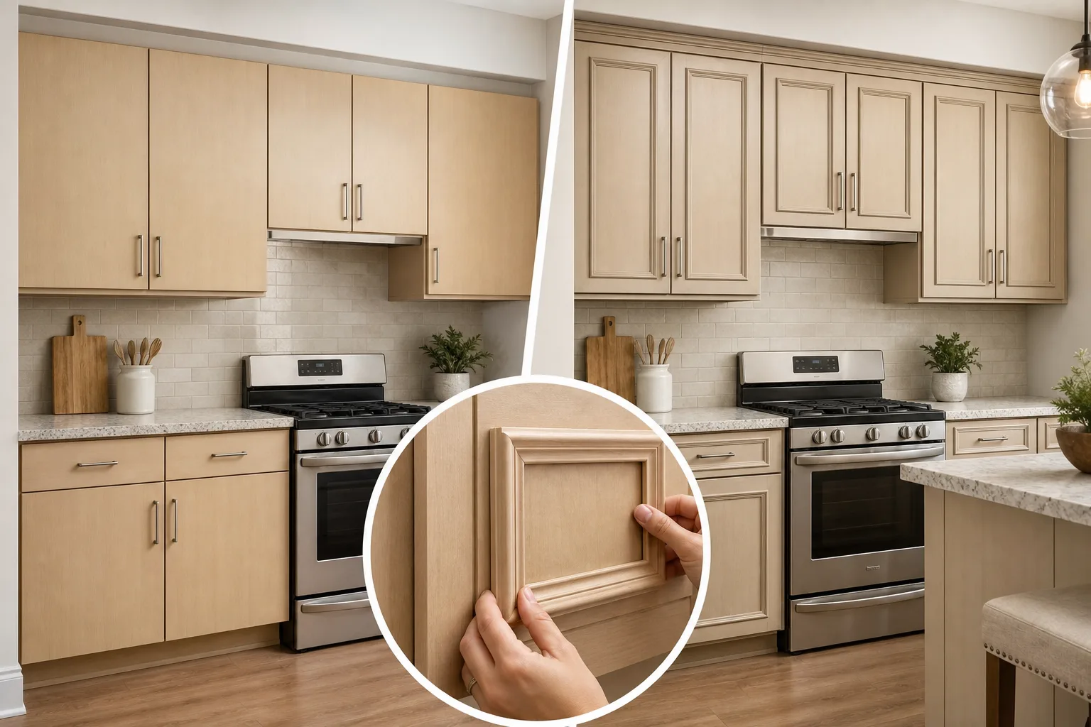 5. Add Decorative Molding to Flat Cabinet Doors — kitchen cabinet makeover without painting