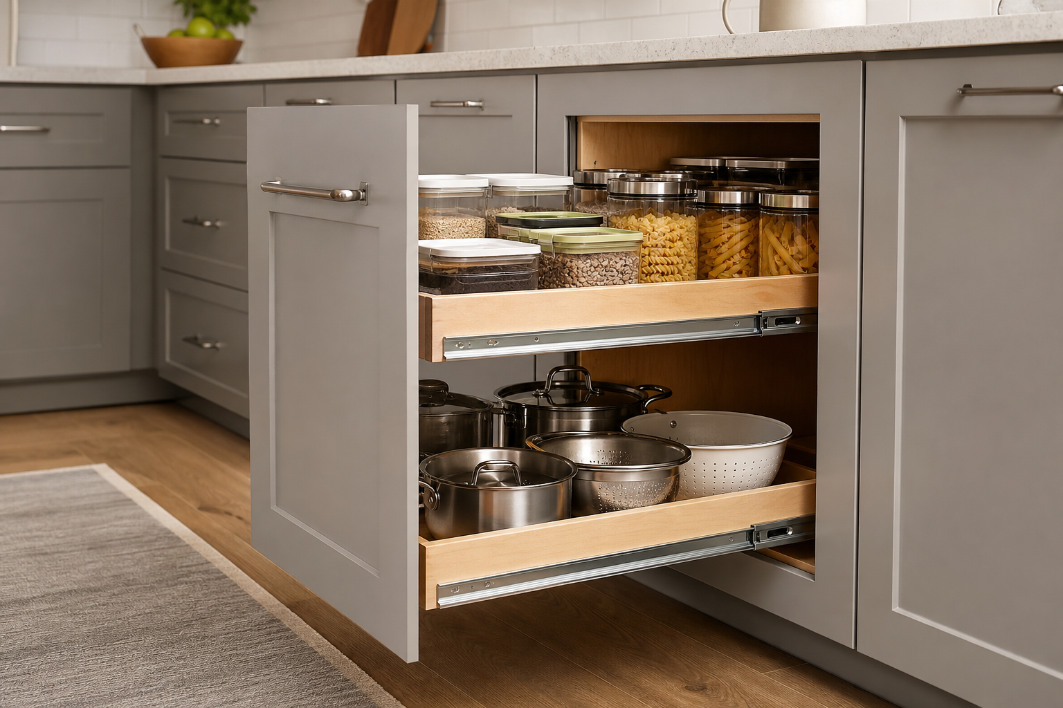 1. Add Pull-Out Shelves to Deep Base Cabinets — kitchen cabinet storage ideas