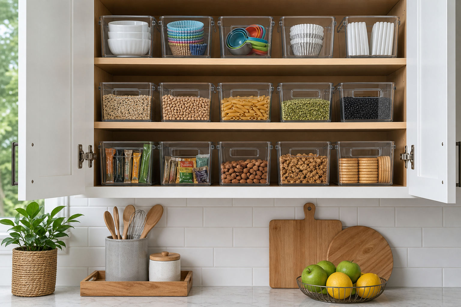 2. Use Clear Bins for Grouped Categories — kitchen cabinet storage ideas