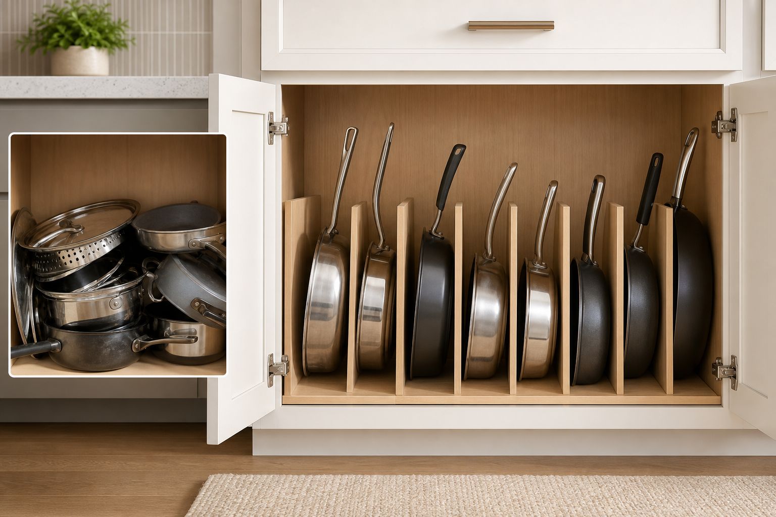 4. Store Pots and Pans Vertically — kitchen cabinet storage ideas