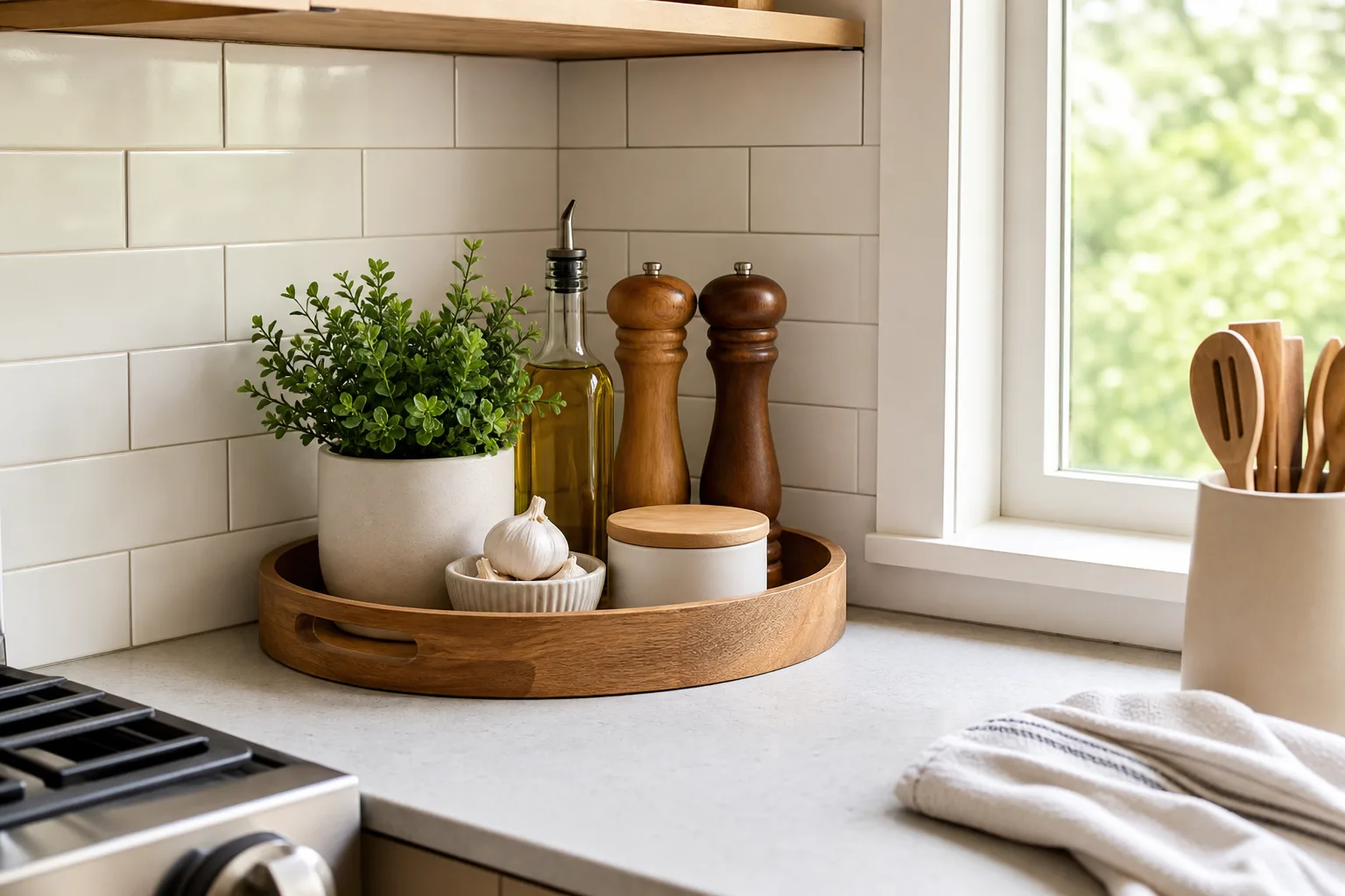 2. Style a Corner Tray for Everyday Essentials — Kitchen Corner Decor Ideas for Small Spaces
