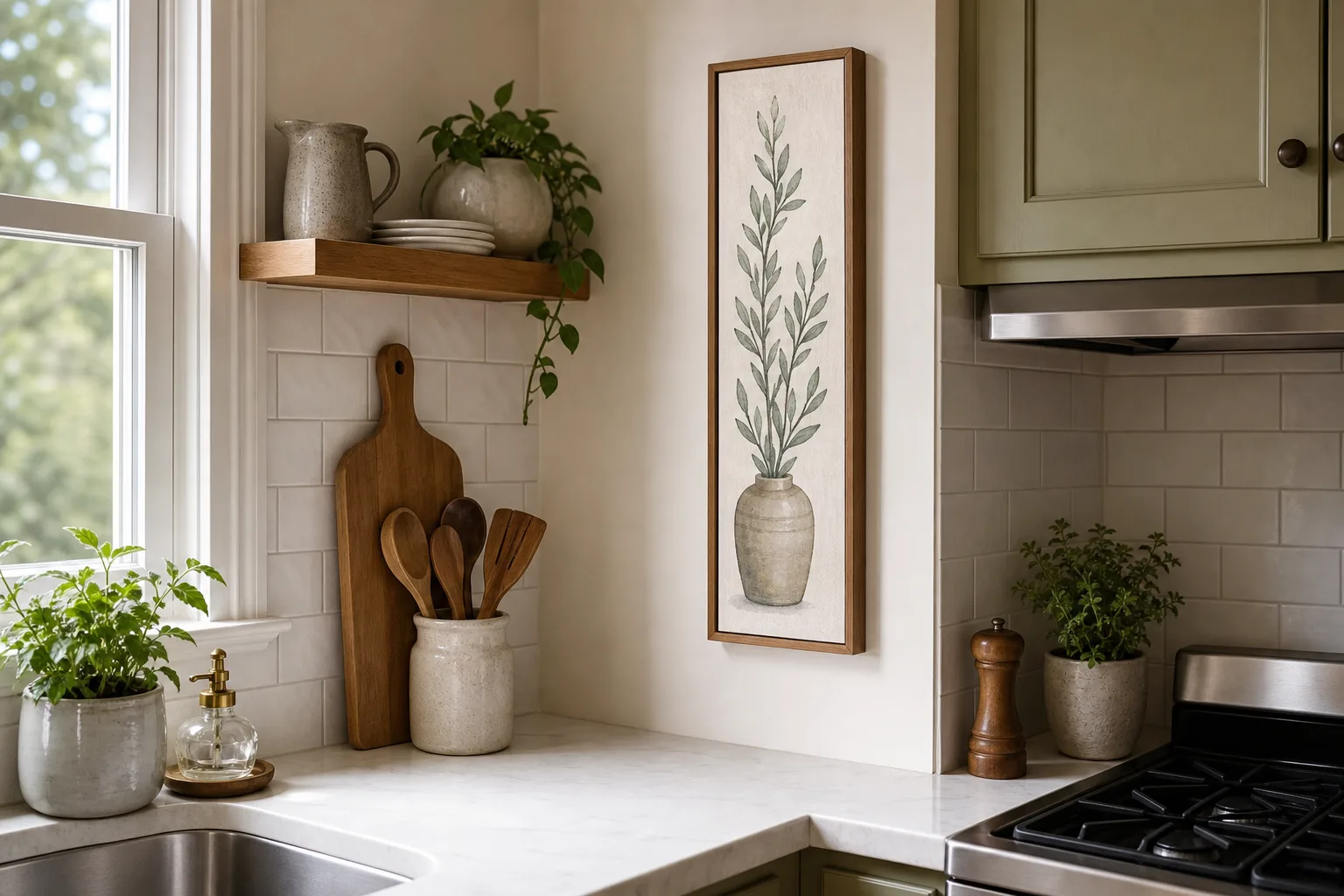 5. Hang a Narrow Piece of Kitchen Art — Kitchen Corner Decor Ideas for Small Spaces