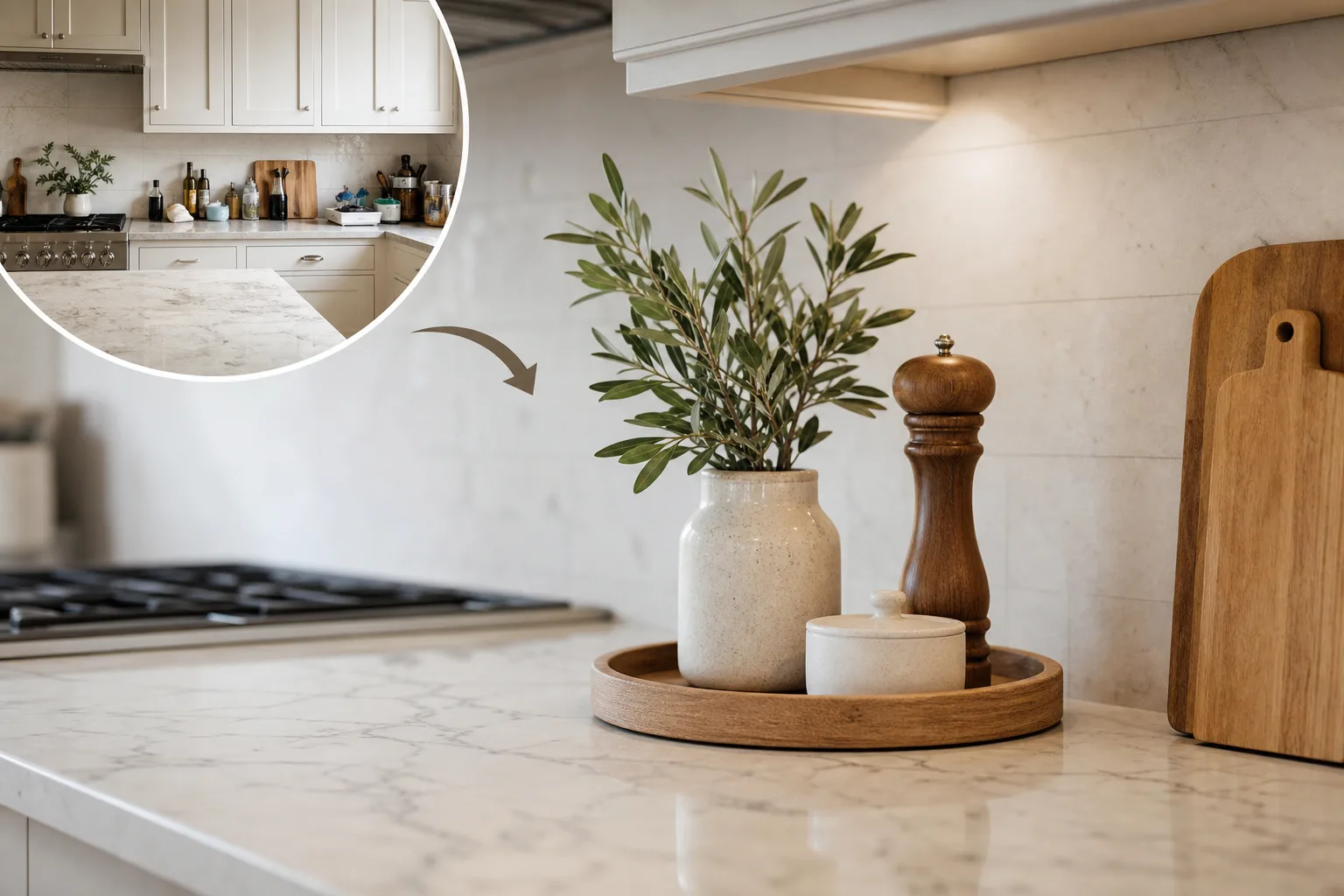 1. Use a Small Tray to Create One Intentional Vignette — Kitchen Counter Decor Ideas Without Clutter