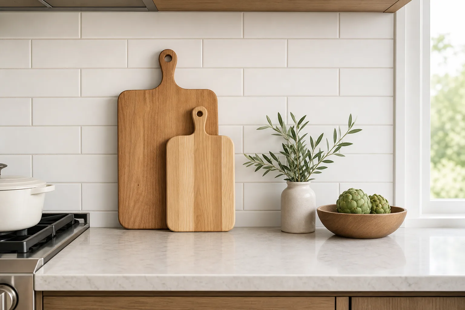 3. Lean One or Two Cutting Boards Against the Backsplash — Kitchen Counter Decor Ideas Without Clutter