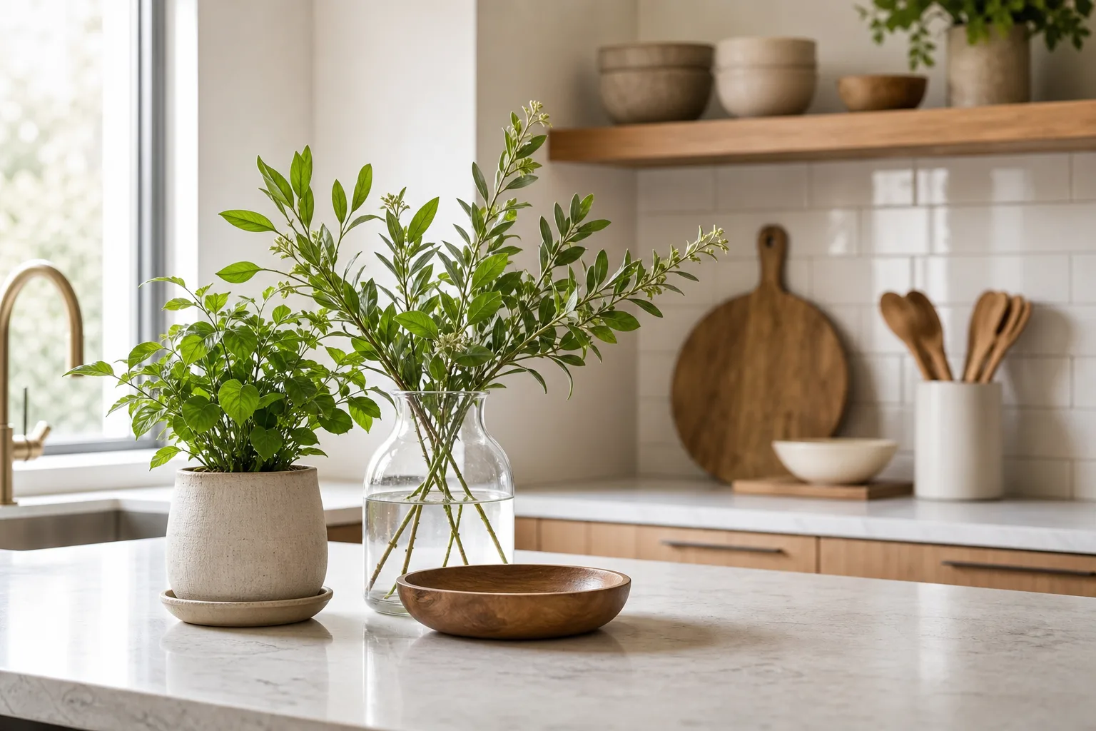 4. Add a Small Plant or a Vase of Fresh Greens — Kitchen Counter Decor Ideas Without Clutter