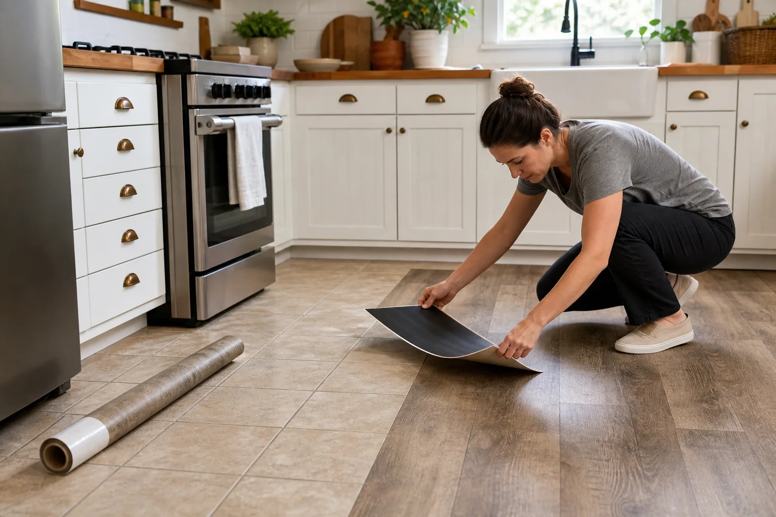 4. Install Peel-and-Stick Vinyl Over Tile — Kitchen Floor Makeover Without Replacing Tile