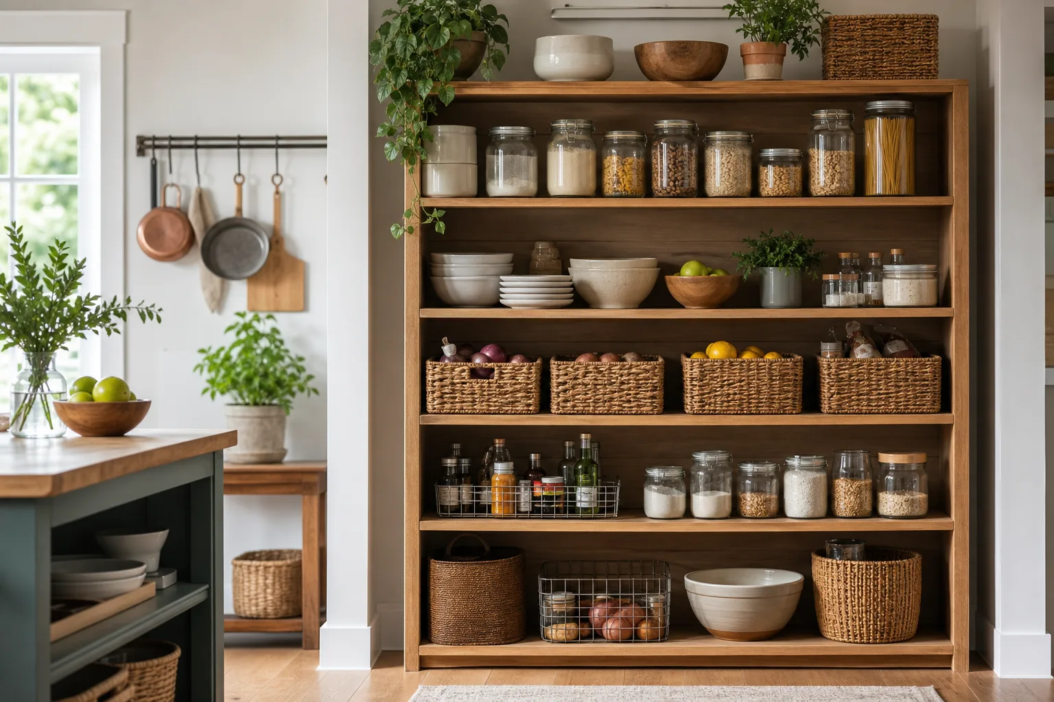 4. Turn a Bookcase Into Open Pantry Storage — Kitchen Storage Ideas Without Cabinets