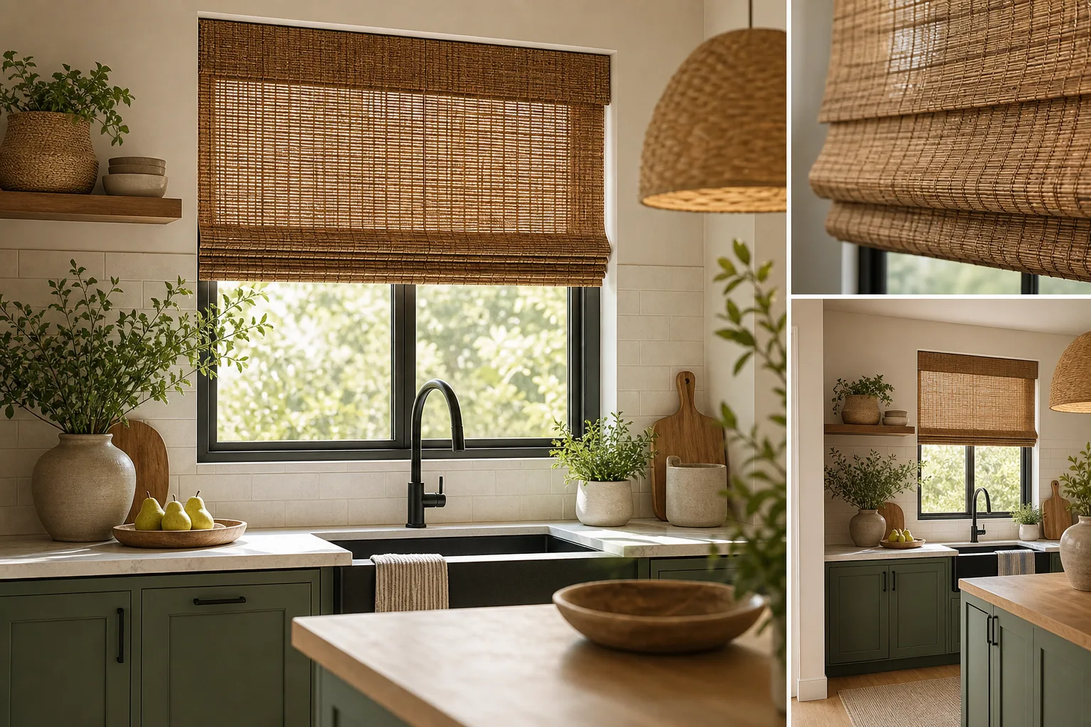 4. Install Woven Wood Shades for Natural Texture — kitchen window ideas