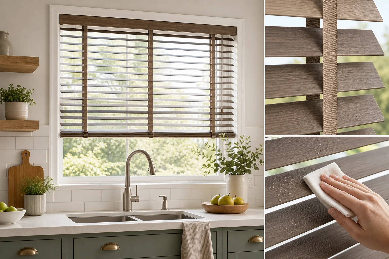 5. Choose Easy-Clean Faux Wood Blinds — kitchen window ideas