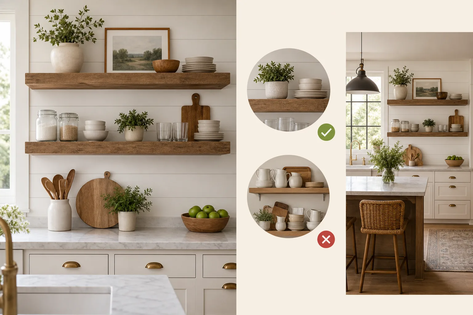 4. Style Open Shelves Sparingly — modern farmhouse kitchen decor ideas