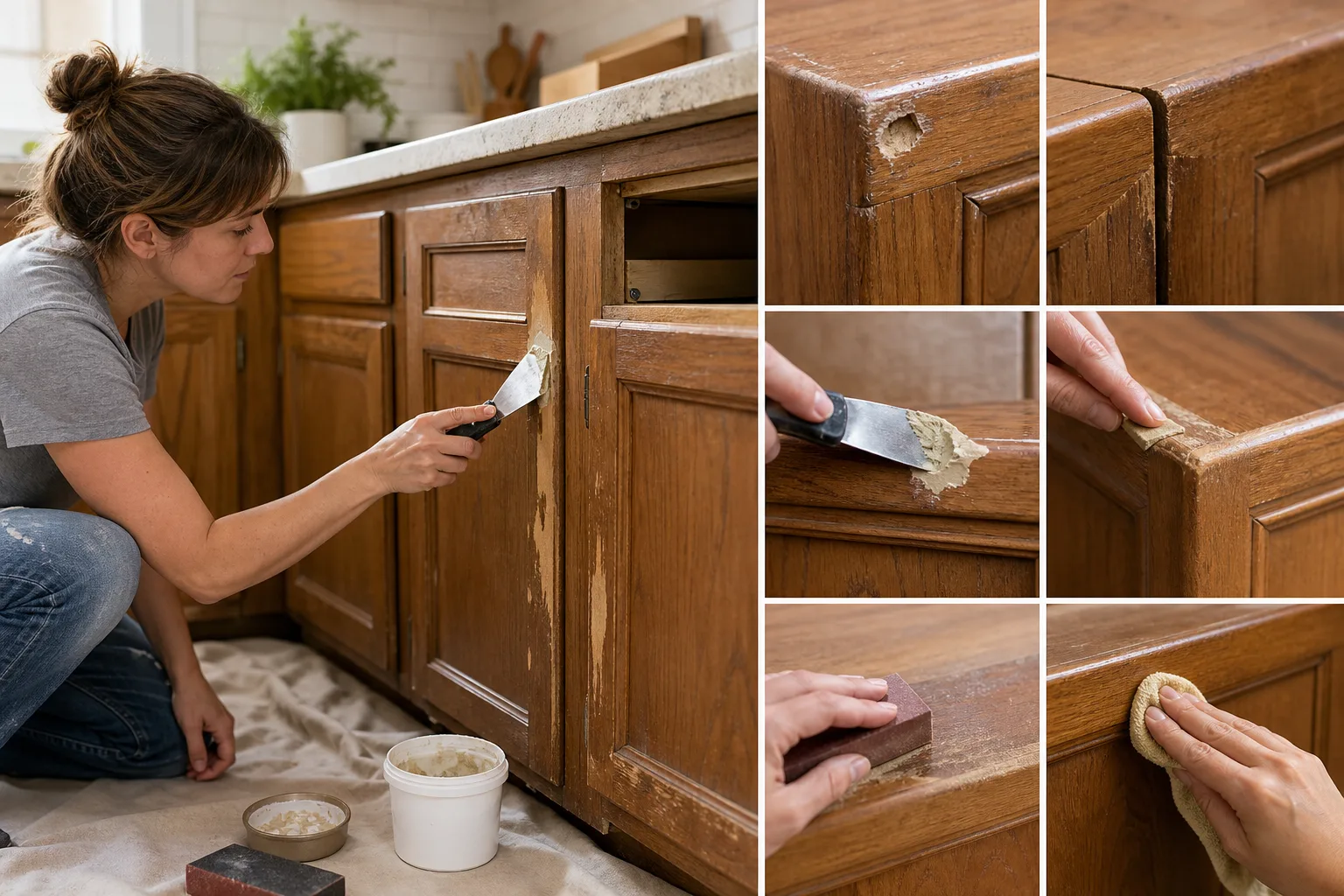 3. Repair Dings, Gaps, and Worn Details Before Finishing — Old Wood Kitchen Cabinets Makeover