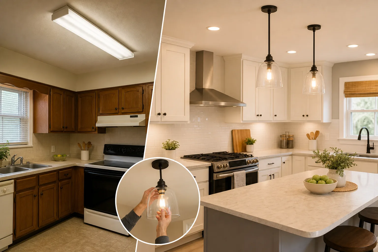 5. Change Harsh or Dated Lighting — Outdated Kitchen Makeover Ideas on a Budget