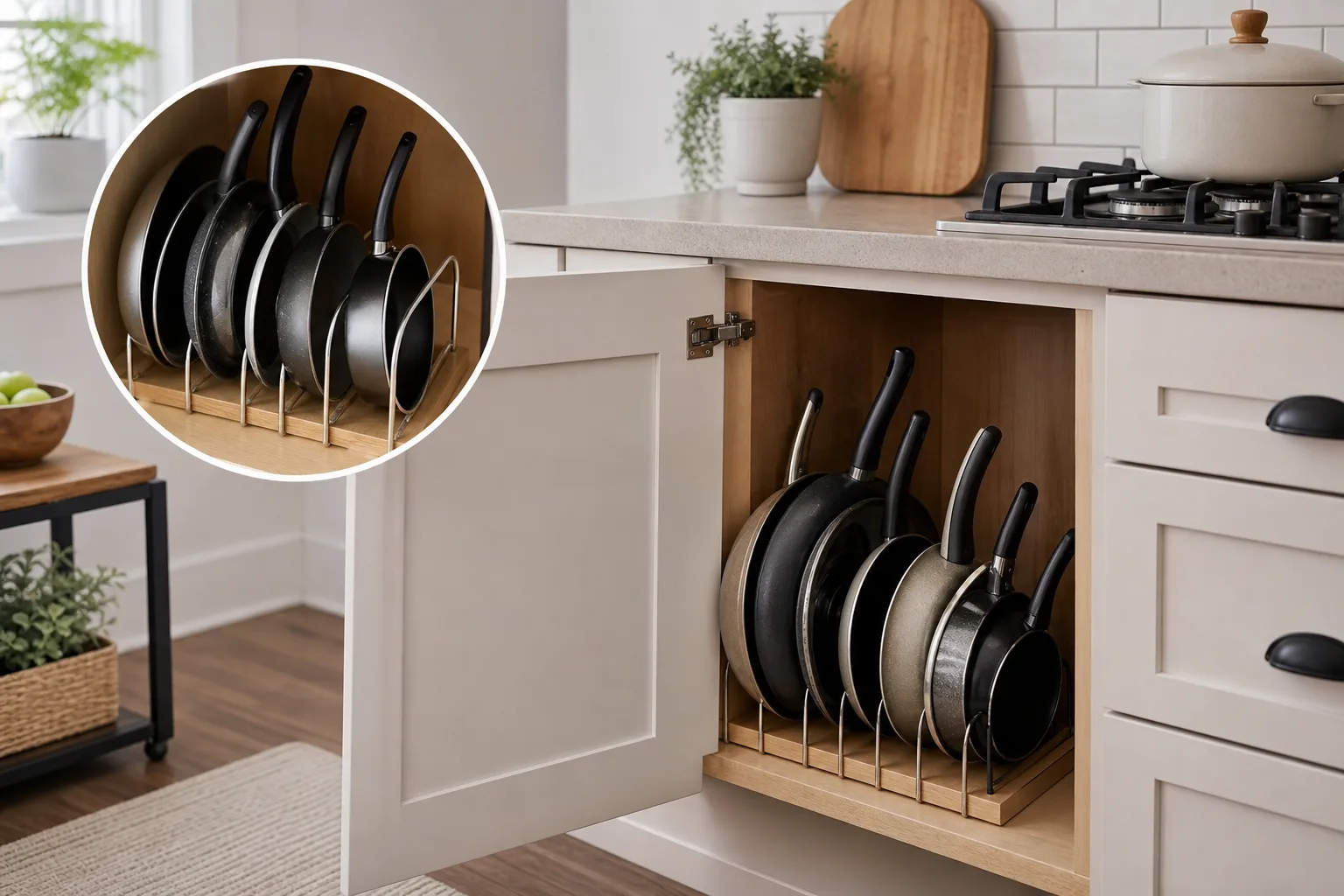 1. Store Frying Pans Vertically in a Cabinet — Pots and Pans Storage Ideas for Small Kitchens