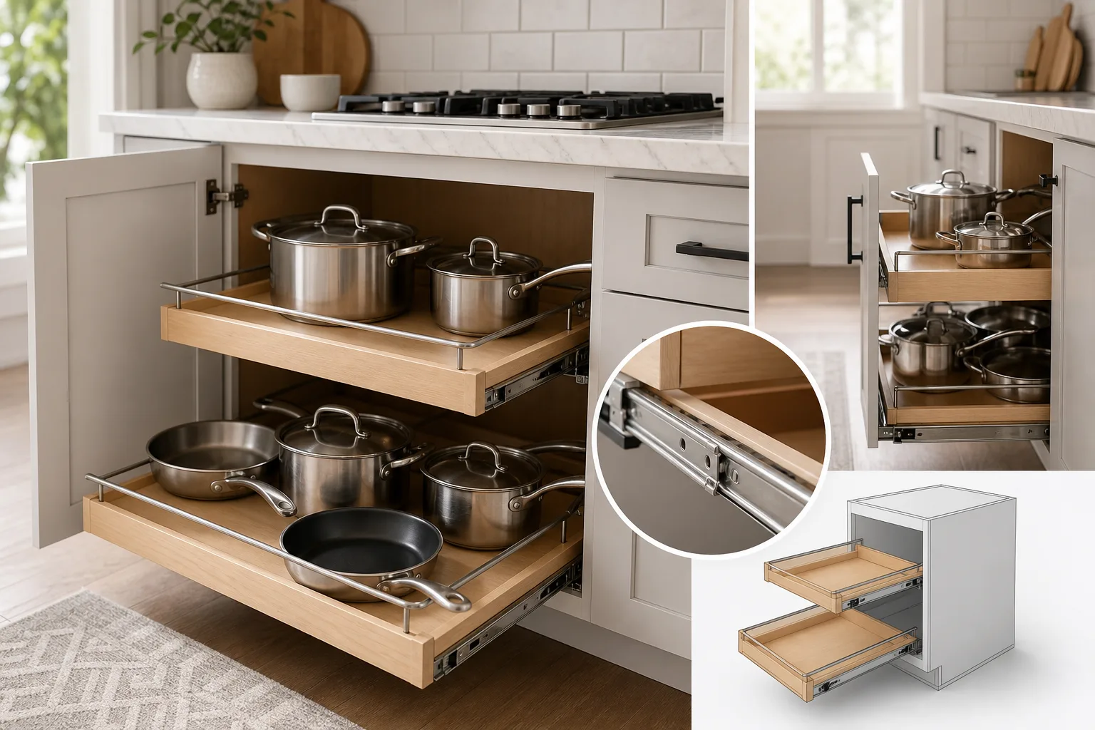 2. Add Pull-Out Cabinet Shelves — Pots and Pans Storage Ideas for Small Kitchens