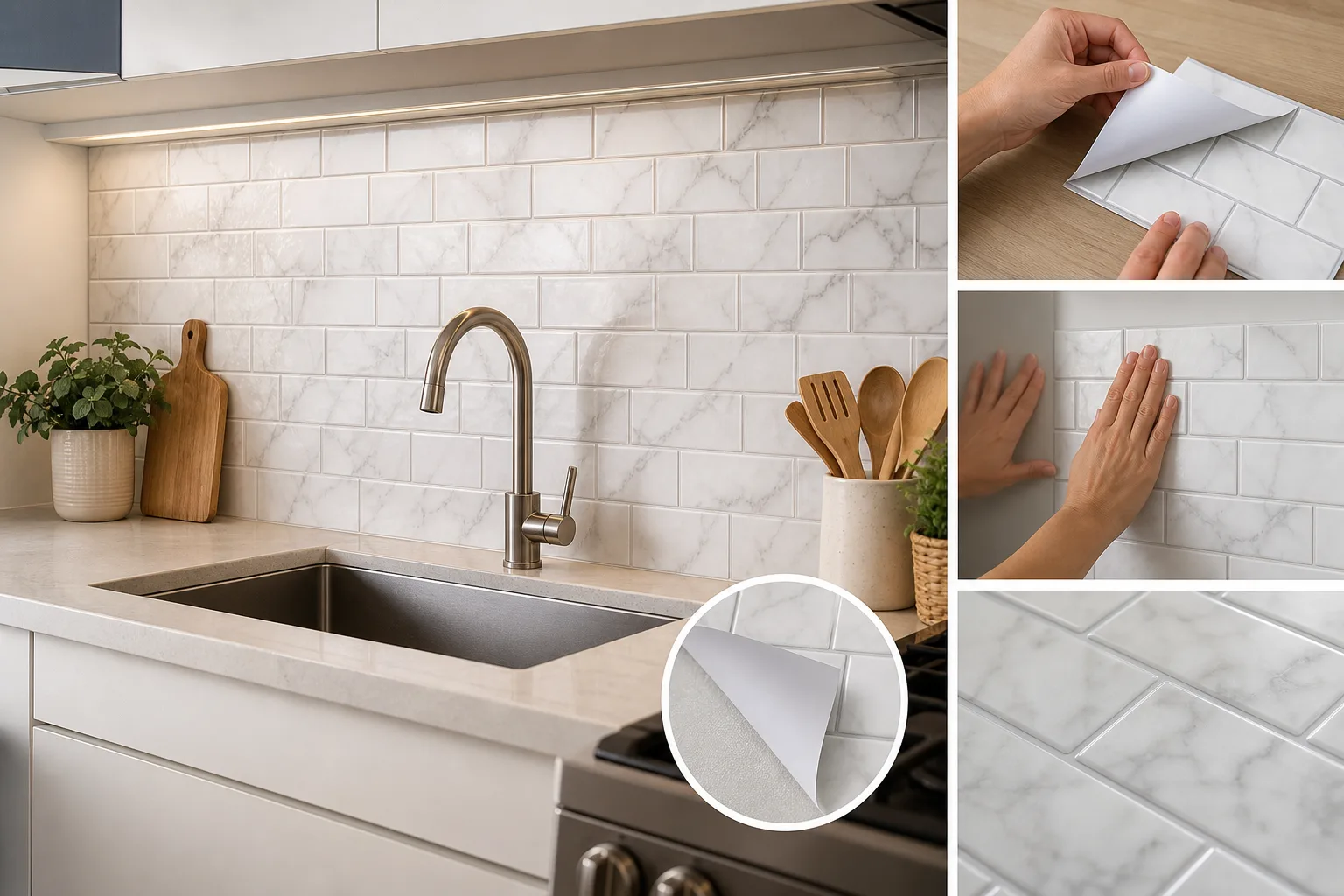 1. Peel-and-Stick Vinyl Tile Backsplash — Renter Friendly Kitchen Backsplash Ideas
