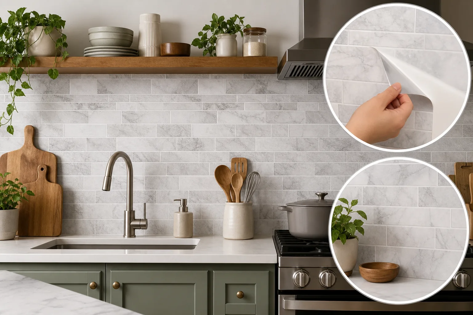 2. Removable Wallpaper in a Tile or Stone Pattern — Renter Friendly Kitchen Backsplash Ideas
