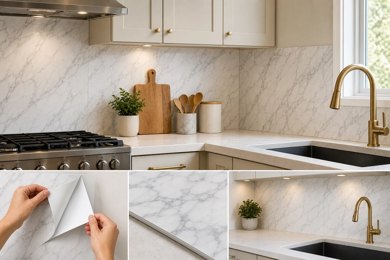 3. Faux Marble Peel-and-Stick Panels — Renter Friendly Kitchen Backsplash Ideas