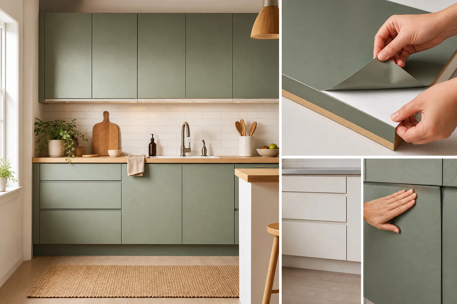 2. Cover Flat Door Panels With Removable Vinyl — Renter Friendly Kitchen Cabinet Makeover Ideas