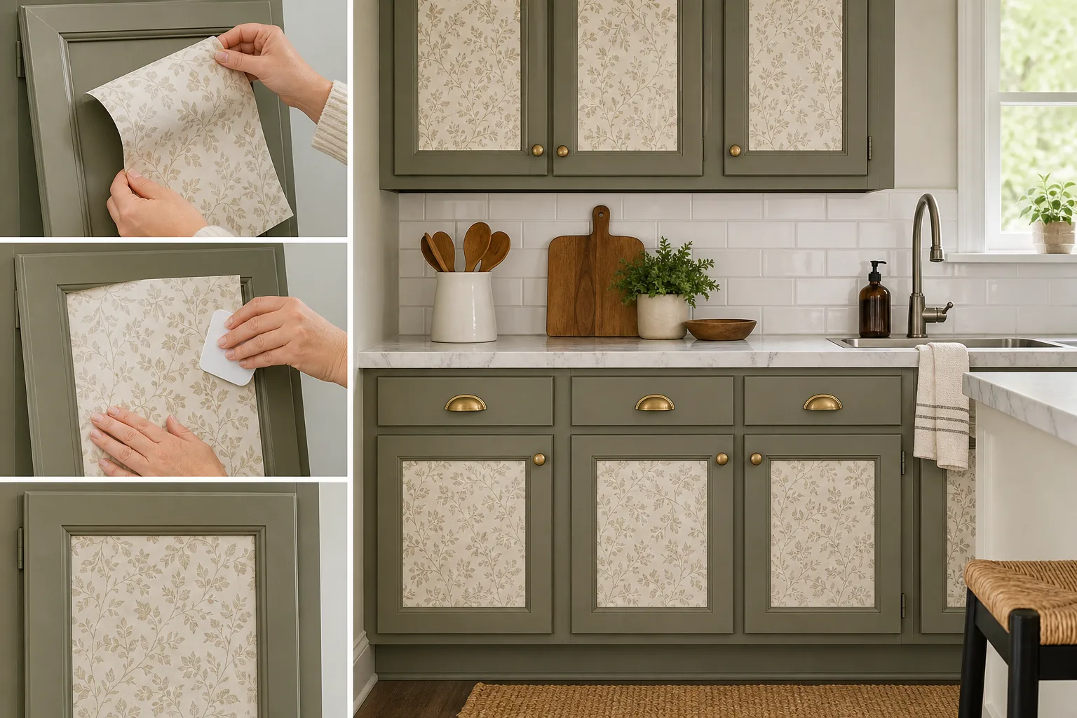3. Use Peel-and-Stick Wallpaper on Recessed Panels — Renter Friendly Kitchen Cabinet Makeover Ideas