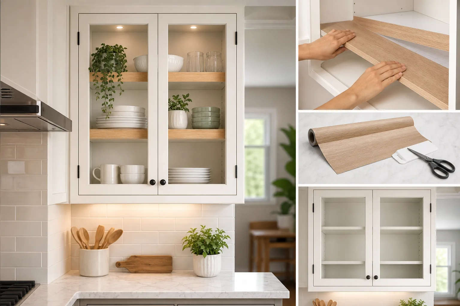 4. Add a Temporary Open-Shelf Look Inside Glass Doors — Renter Friendly Kitchen Cabinet Makeover Ideas