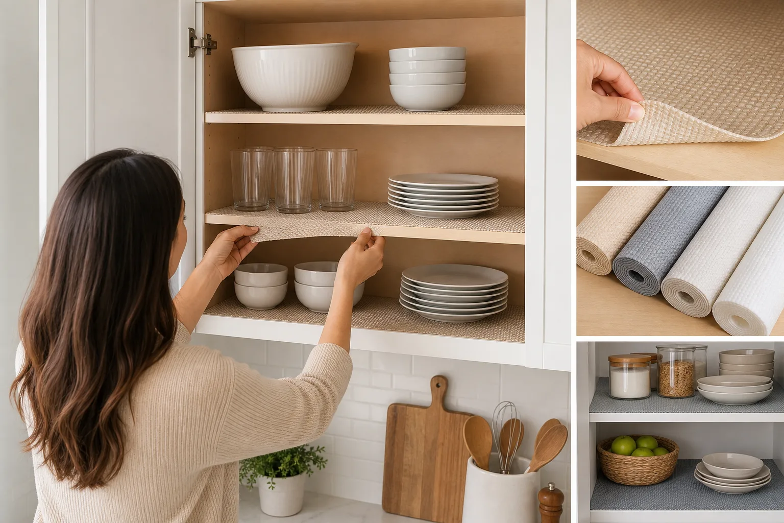 5. Refresh Cabinet Interiors With Removable Shelf Liners — Renter Friendly Kitchen Cabinet Makeover Ideas