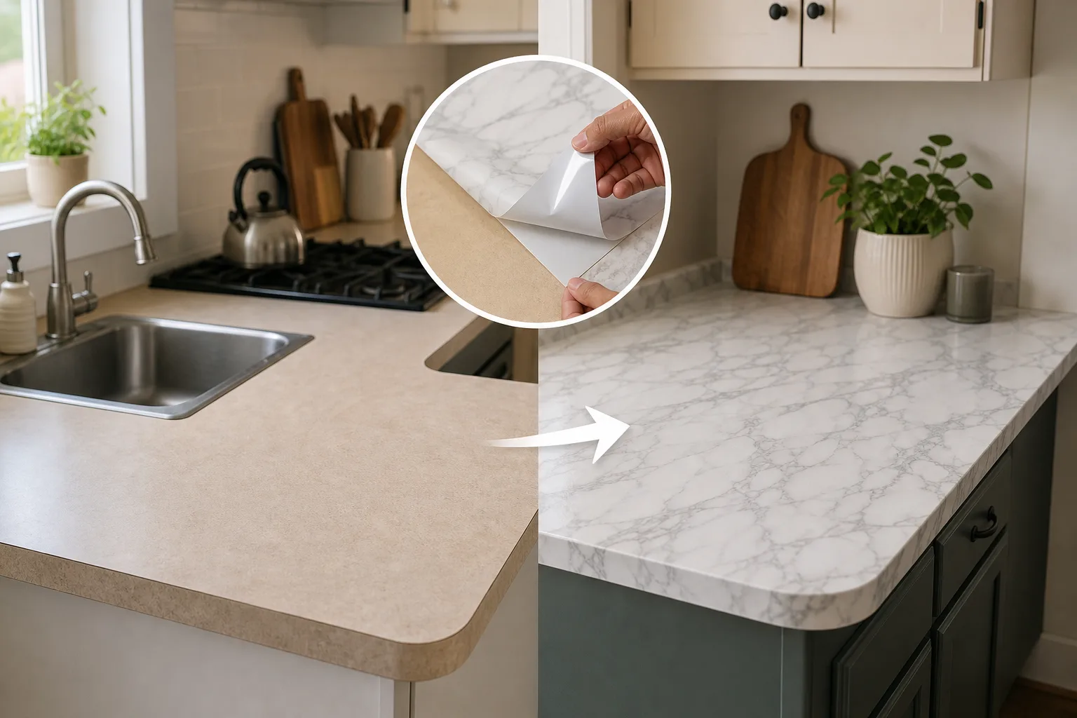 1. Use Peel-and-Stick Countertop Vinyl for the Biggest Change — Renter Friendly Kitchen Counter Makeover