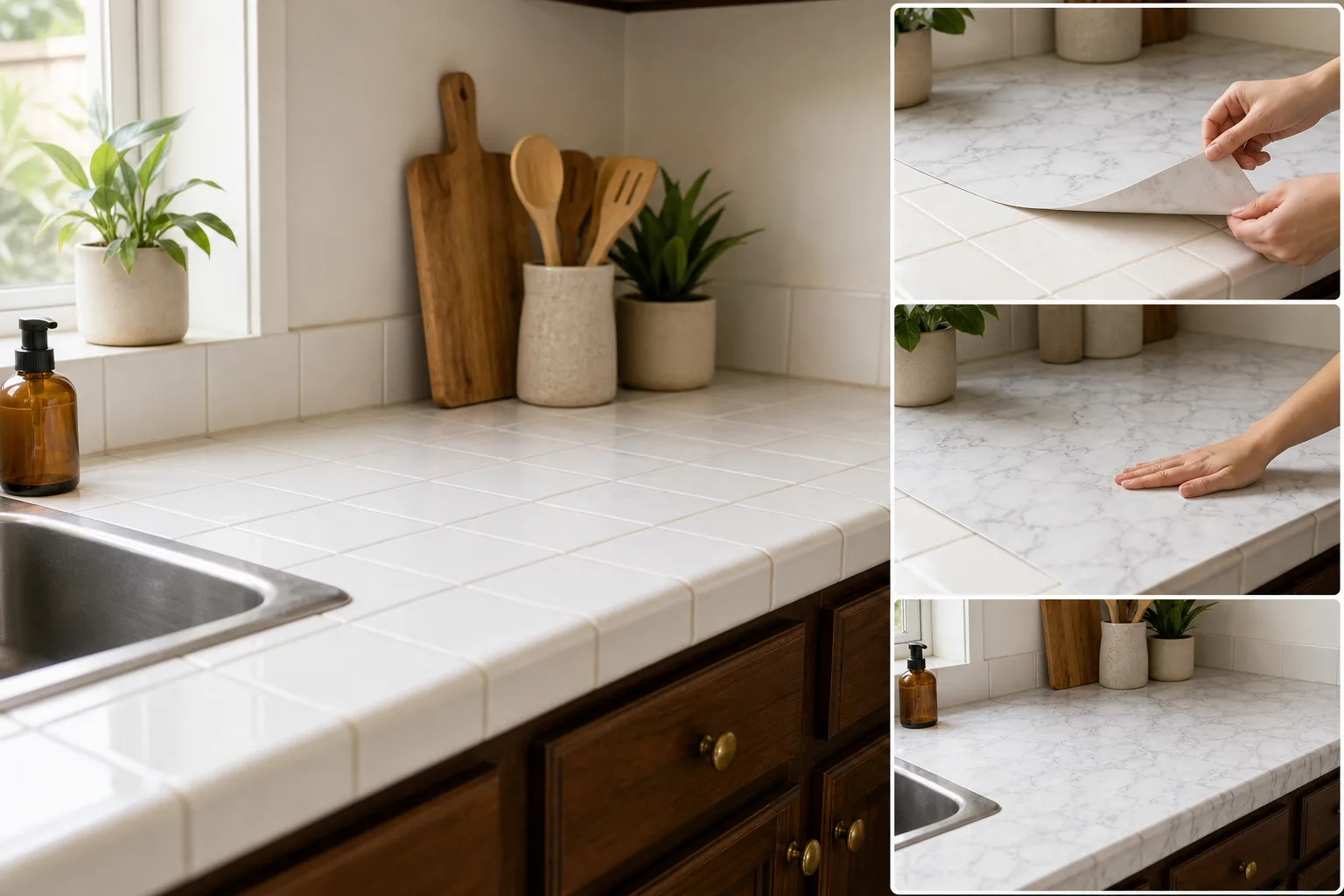 4. Refresh Tile Counters With Temporary Surface Covers — Renter Friendly Kitchen Counter Makeover