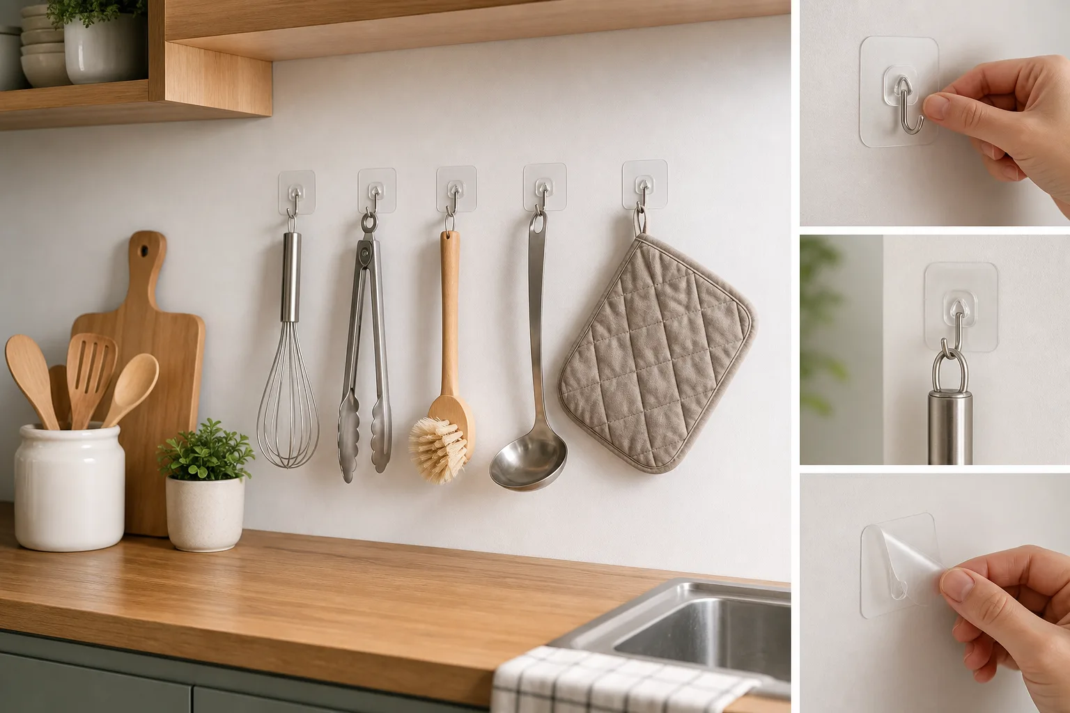 1. Use Removable Adhesive Hooks for Lightweight Tools — Renter Friendly Kitchen Storage Ideas Without Drilling