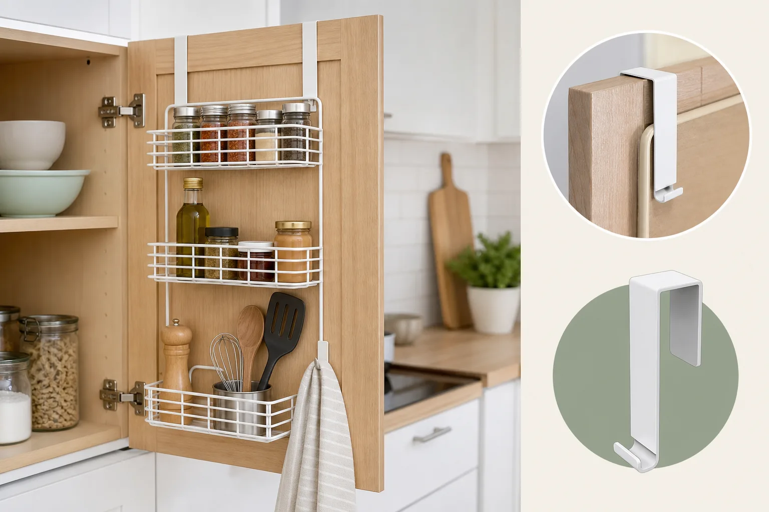 2. Add an Over-the-Cabinet-Door Organizer — Renter Friendly Kitchen Storage Ideas Without Drilling