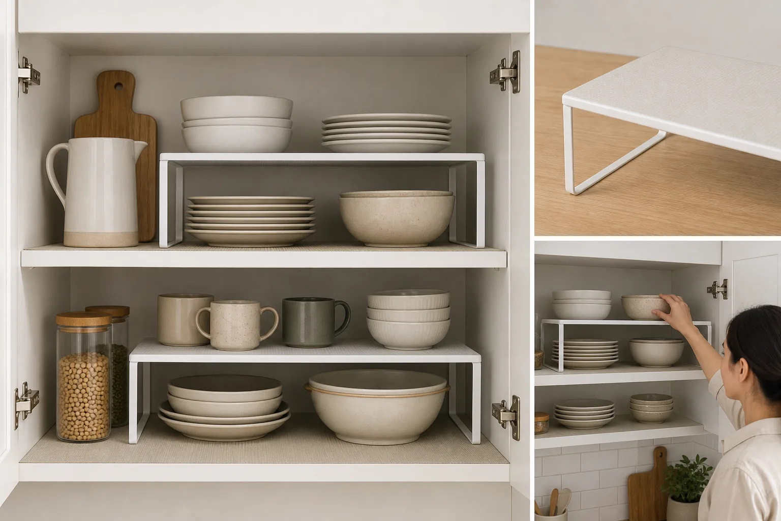 3. Make Cabinets More Efficient With Shelf Risers — Renter Friendly Kitchen Storage Ideas Without Drilling