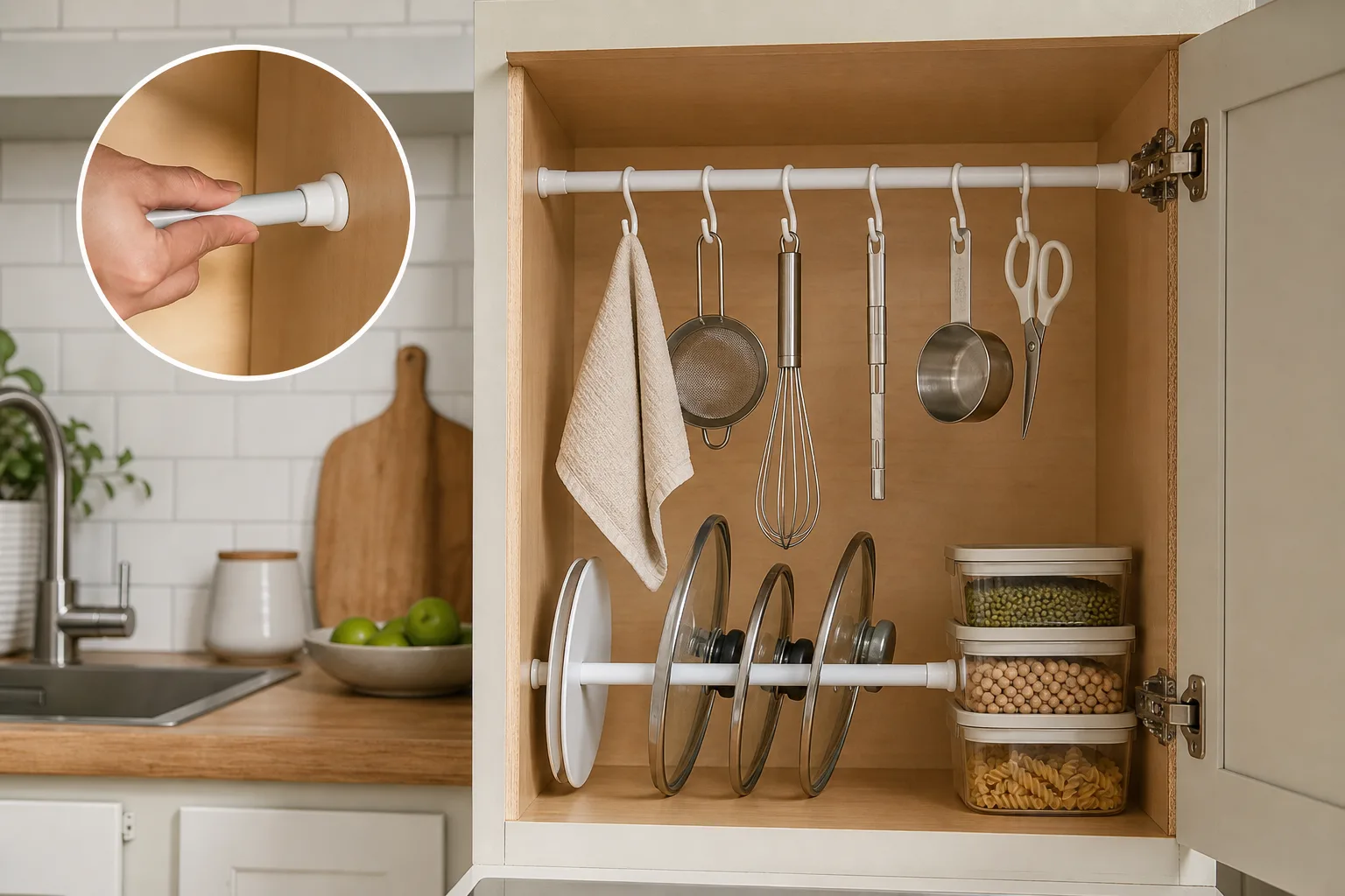 4. Install Tension Rods Inside Cabinets — Renter Friendly Kitchen Storage Ideas Without Drilling