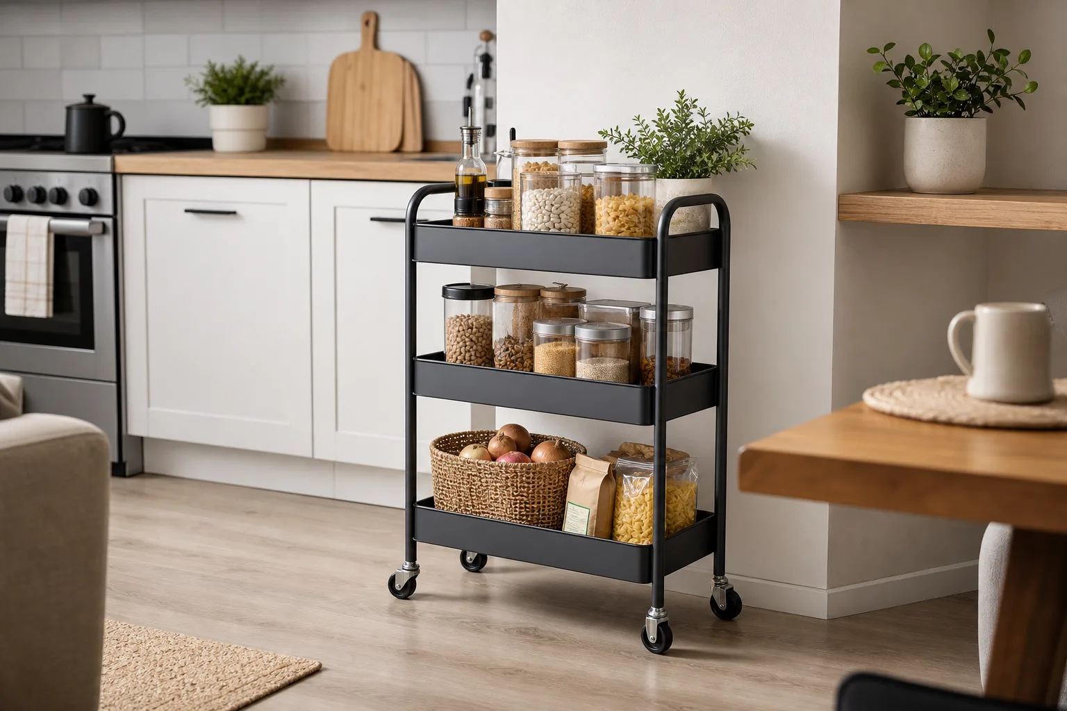 5. Create a Portable Pantry With a Rolling Cart — Renter Friendly Kitchen Storage Ideas Without Drilling