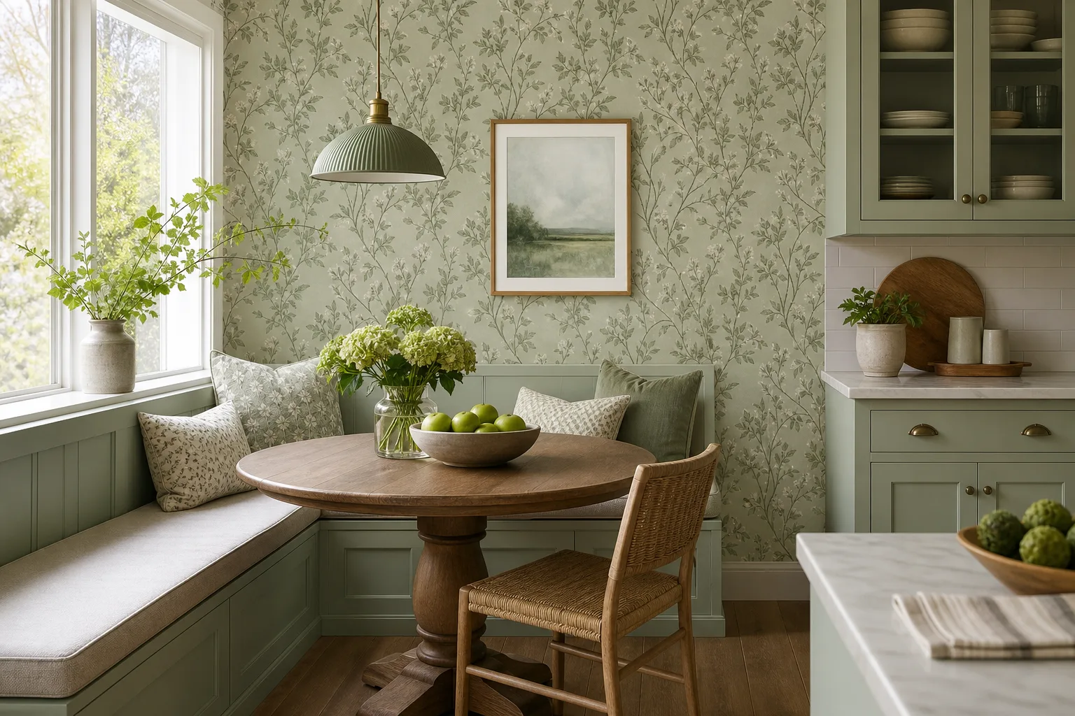 4. Use Sage Green Wallpaper in a Breakfast Nook — Sage Green Kitchen Decor Ideas