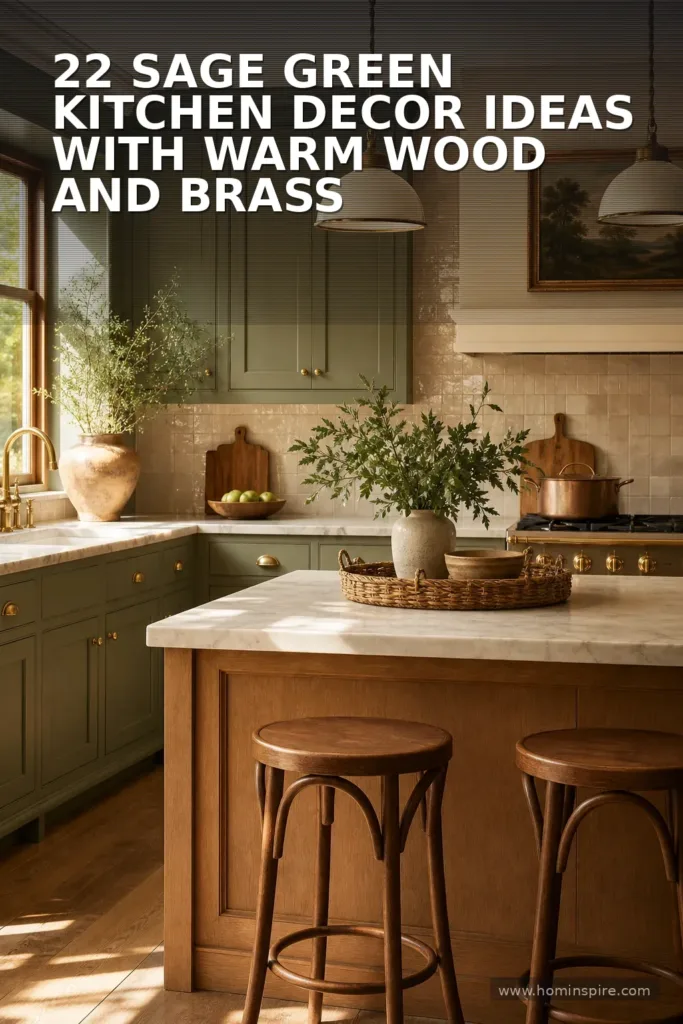 22 Sage Green Kitchen Decor Ideas with Warm Wood and Brass