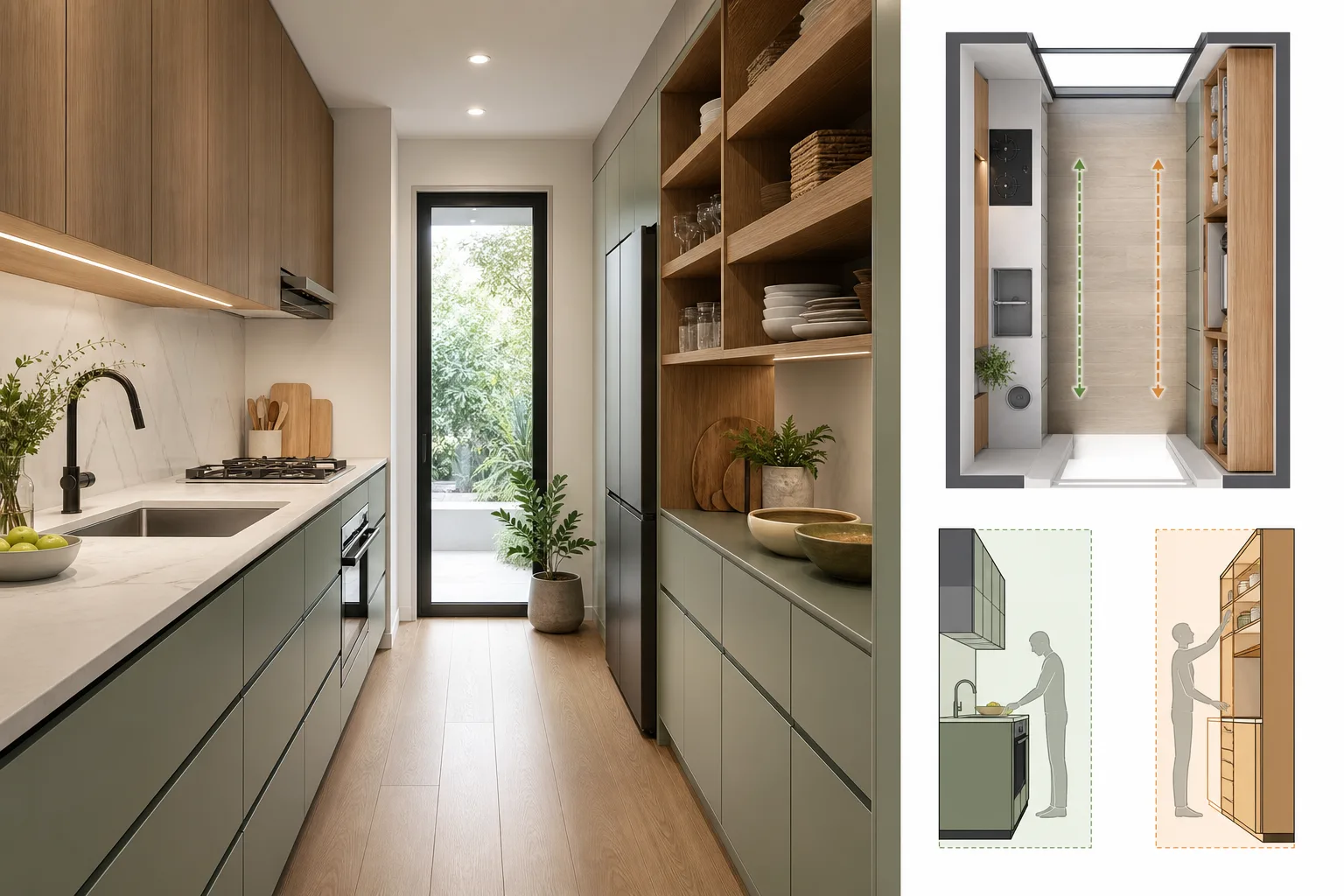 1. Use a One-Wall Working Zone and One-Wall Storage Zone — Small Galley Kitchen Layout Ideas
