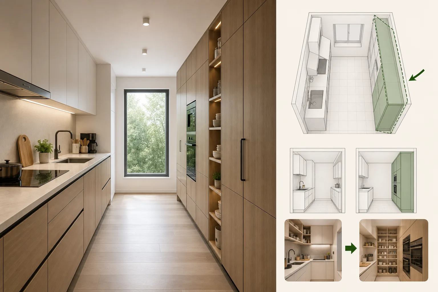 4. Install Full-Height Cabinets on One Strategic Wall — Small Galley Kitchen Layout Ideas