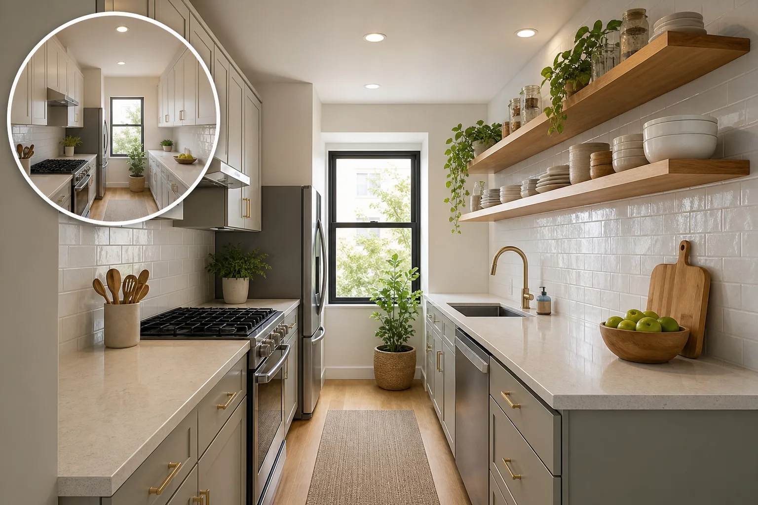 5. Replace Some Upper Cabinets With Open Shelves — Small Galley Kitchen Layout Ideas