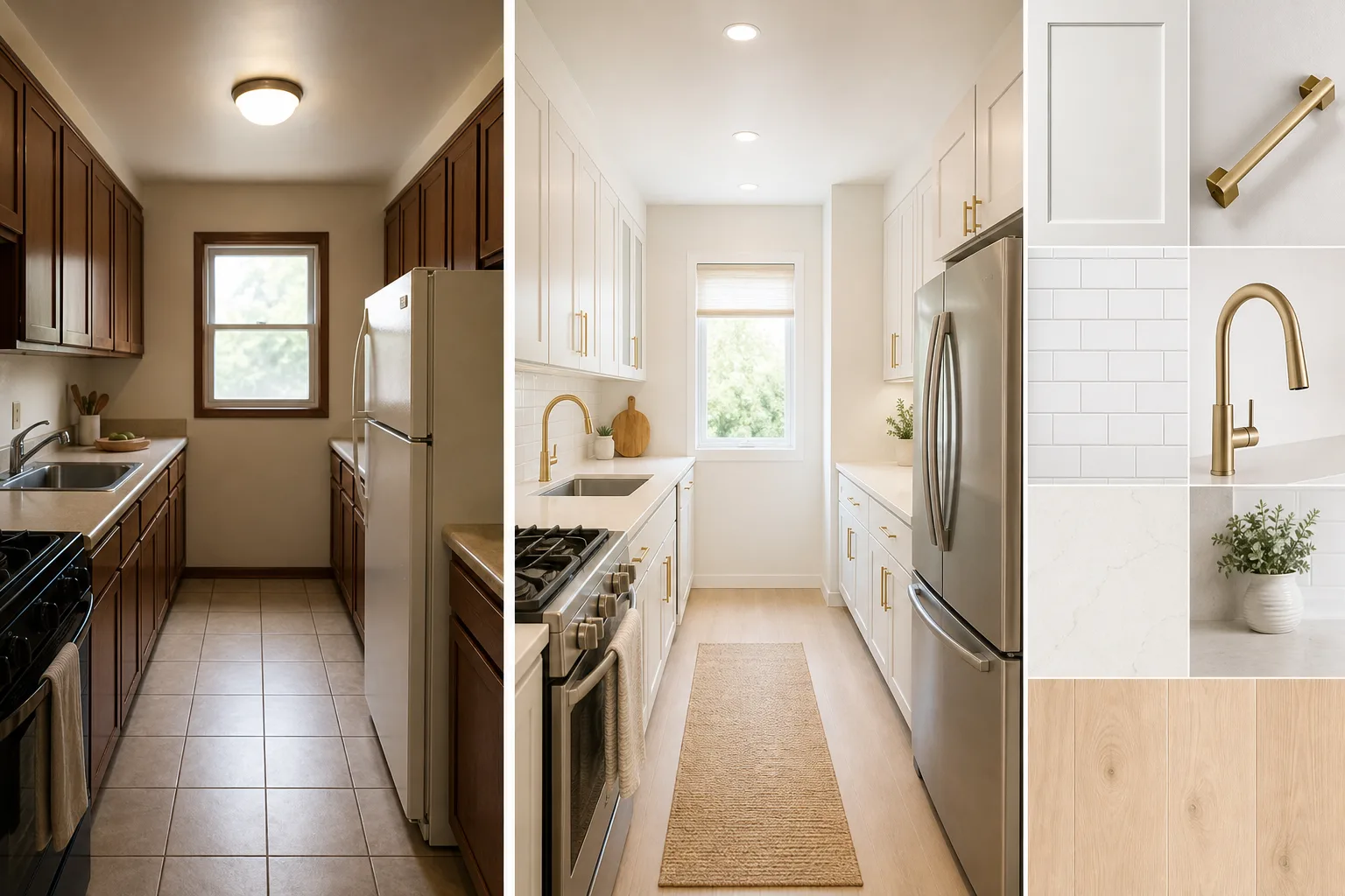 Choose Finishes That Make a Narrow Kitchen Feel Larger — small galley kitchen makeover before and after