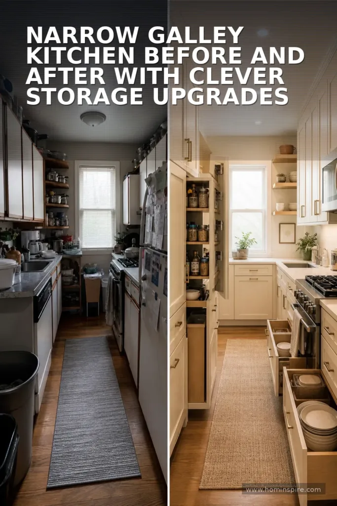 Narrow Galley Kitchen Before and After With Clever Storage Upgrades