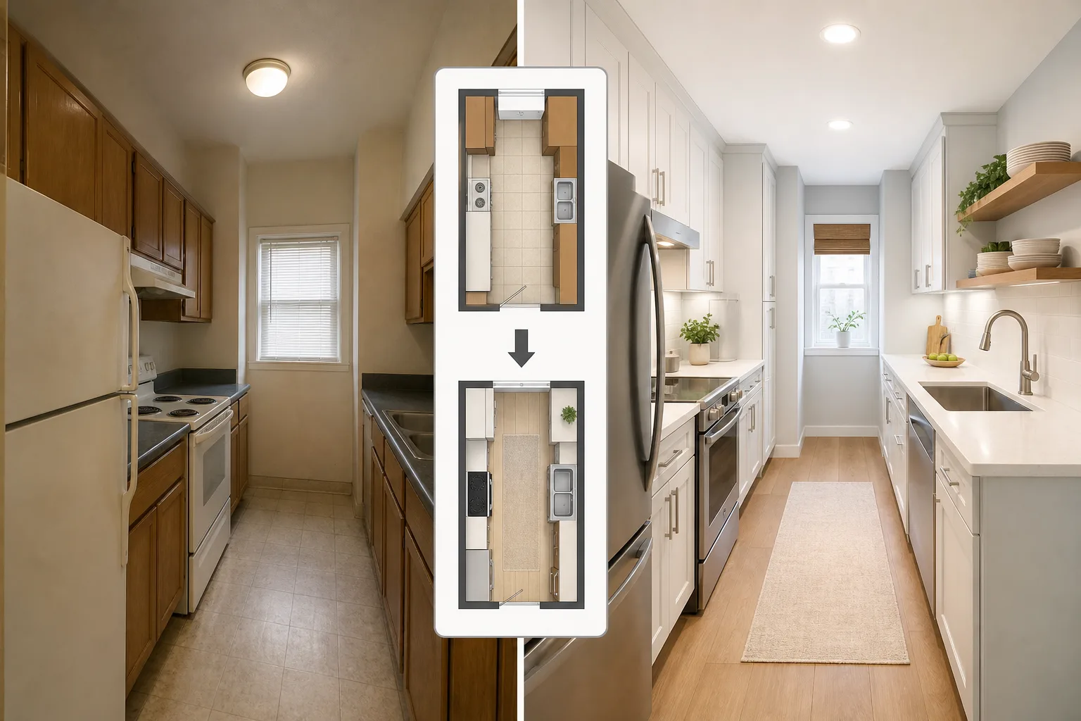 Start With the Layout, Not the Finishes — small galley kitchen makeover before and after